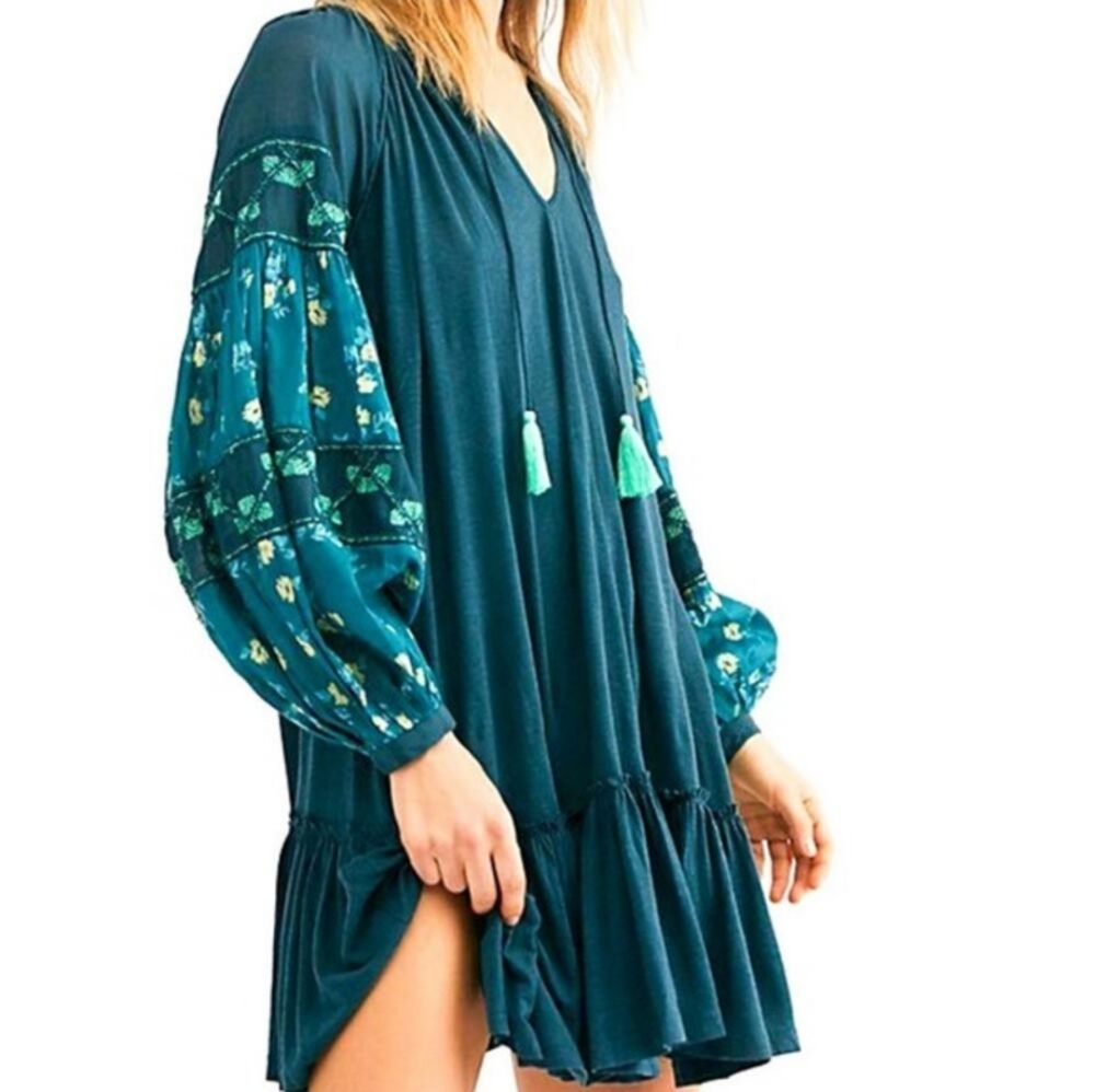 NWOT FREE PEOPLE jade combo embroidered Mix It Up TUNIC dress blouse small